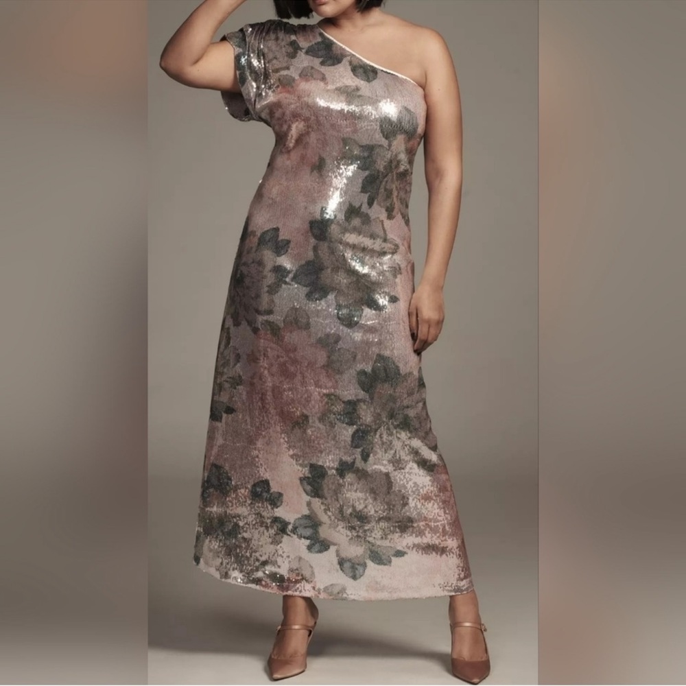 Porridge x Anthropologie One-Shoulder Floral Sequin Maxi Dress, Pink Rose, 3X